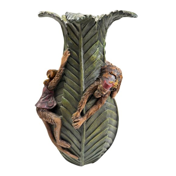 Cedar Creek Palm Vase Monkeys Bellhop Bananas Exotic Decor Jungle Tree Leaf - Picture 2 of 11